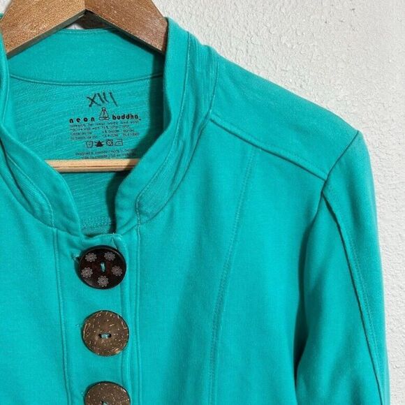 Neon Buddha Big Button Sweater Jacket S Teal Seafoam Blue Pockets - Picture 5 of 8